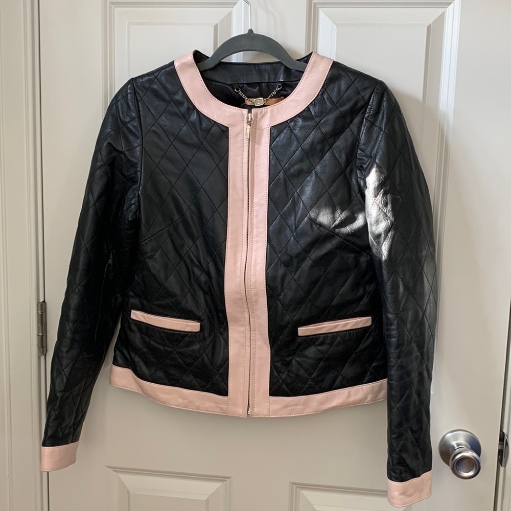 Zarina | Black Pink Faux Leather Quilted Lined Moto Zipper Jacket Blazer EU 44 - Picture 3 of 17